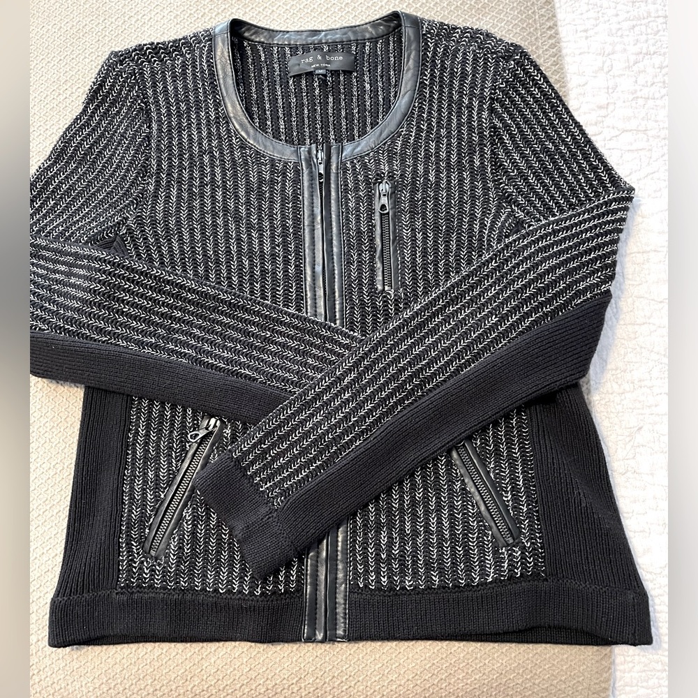 Rag & Bone Designer Cotton Zippered Cardigan/Jacket With Leather Trim, M
